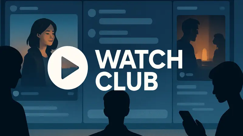 Логотип Watch Club на фоне интерфейса социальной сети с видео-драмами и чатом для обсуждений.