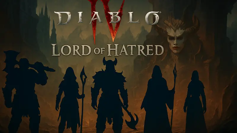 Логотип Diablo 4 Lord of Hatred с героями игры на фоне.