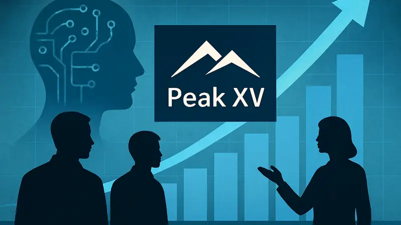 Логотип Peak XV на фоне графика роста инвестиций в ИИ-технологии.