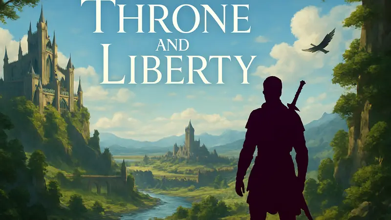 Throne and Liberty: Логотип игры и скриншот с персонажем на фоне фэнтезийного мира.