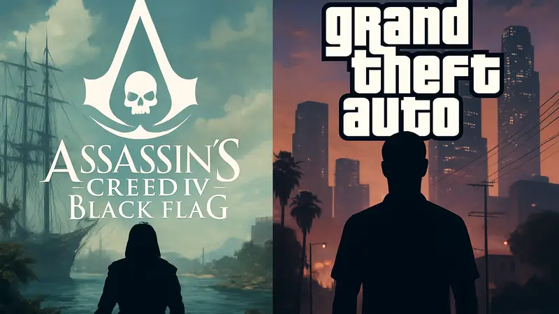 Логотипы Assassin's Creed Black Flag и Grand Theft Auto рядом, символизирующие их историческую связь релизов игр и фильмов.