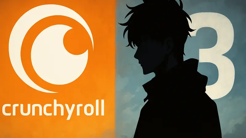 Аниме-персонаж Сон Джин-Ву из Solo Leveling, на фоне логотипа Crunchyroll и анонса 3 сезона.