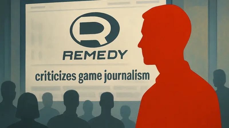 Логотип Remedy Entertainment на фоне новостного заголовка о критике игровой журналистики.
