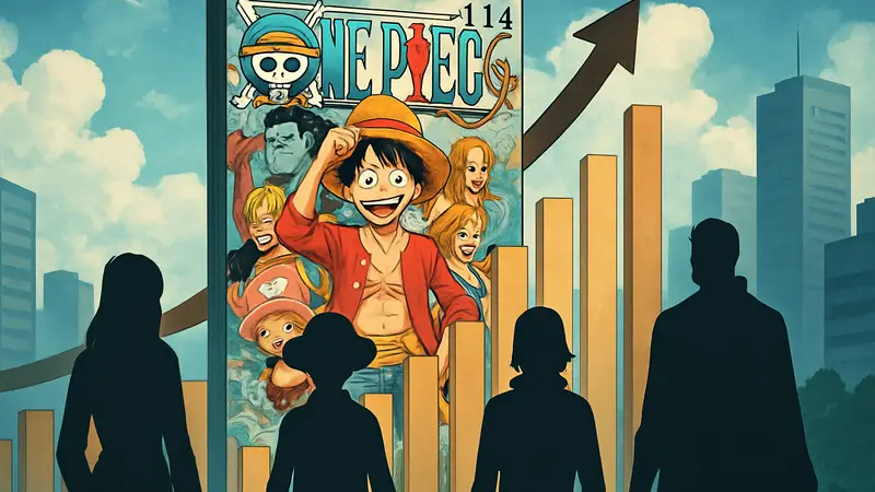 Обложка 114 тома манги One Piece, изображающая главных героев на фоне рекорда продаж.