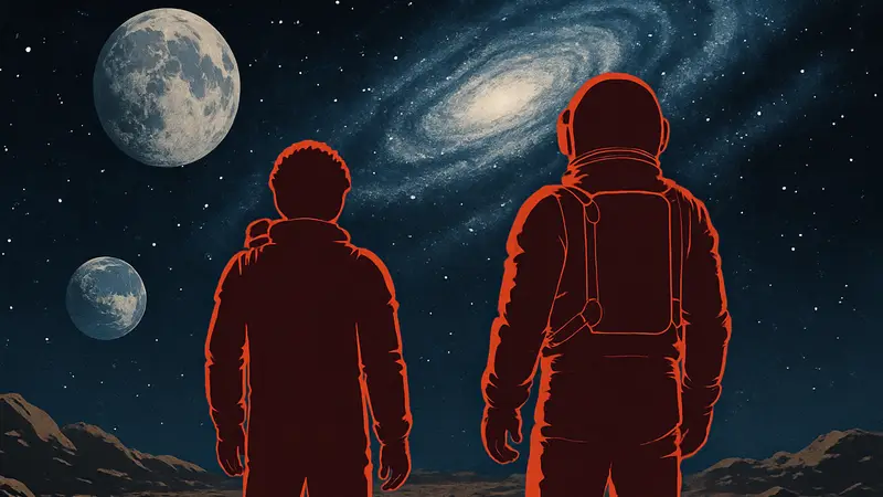 Обложка манги «Космические братья» с персонажами в скафандрах, смотрящими в космос.