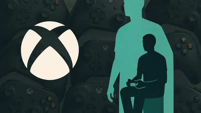 Логотип Xbox и иллюстрация к отмененной рекламной кампании "This is an Xbox" на фоне геймпадов.