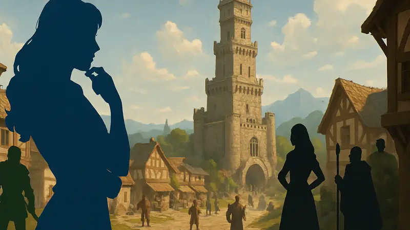 Игровой скриншот Sovereign Tower, средневековый фэнтези-мир с персонажами диспетчера.