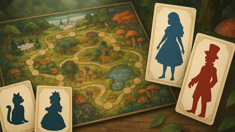 Игровое поле и карточки персонажей настольной игры «Битва за Страну чудес».