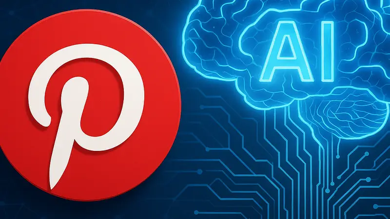 Логотип Pinterest на фоне схематичного изображения нейронных сетей и искусственного интеллекта.