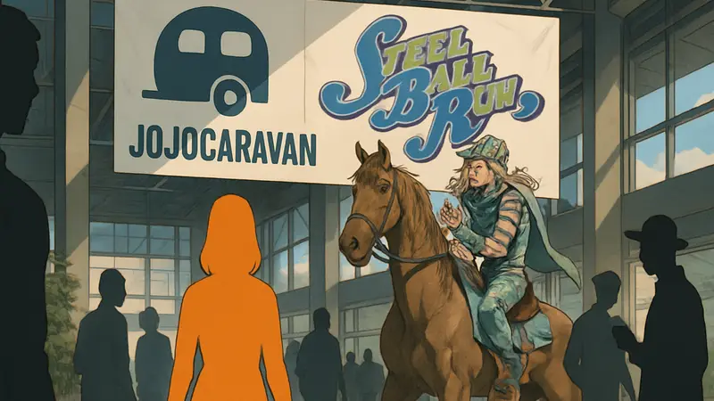 Логотип JOJOCARAVAN и аниме JoJo’s Bizarre Adventure: Steel Ball Run