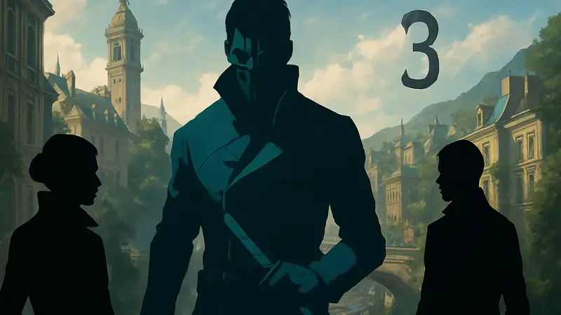 Логотип игры Dishonored и герои серии, в центре Корво Аттано. Dishonored 3.
