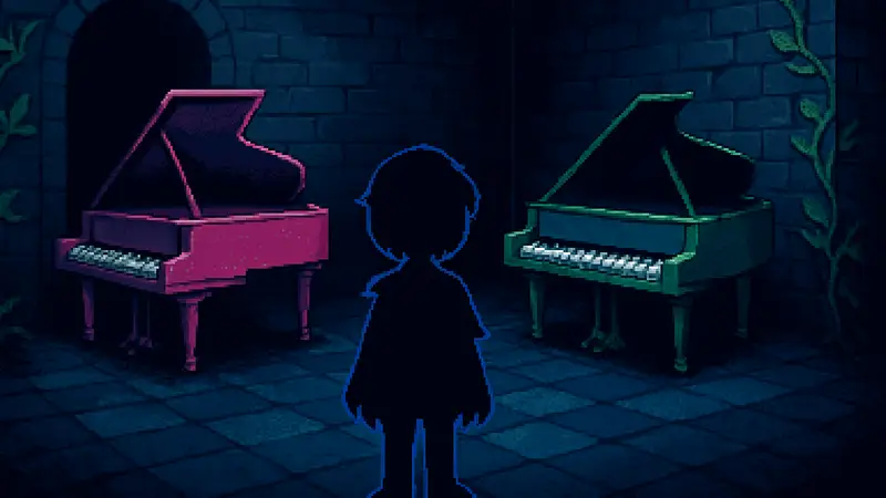 Игровой скриншот Deltarune с розовым и зелёным пианино