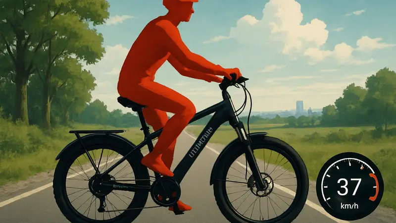Электровелосипед 5th Wheel 36V, чёрный, в движении по дороге, показывающий скорость 37 км/ч.