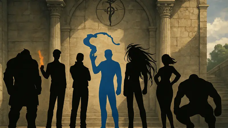 Хомункулы из аниме Fullmetal Alchemist стоят в ряд, демонстрируя свои способности и характерные черты.