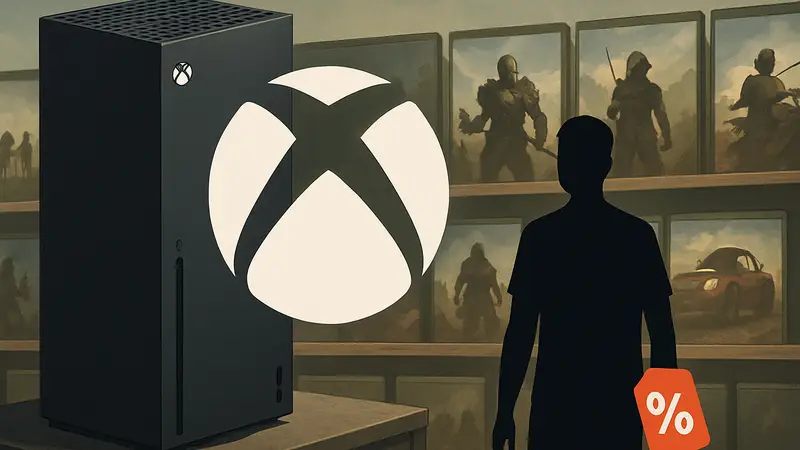 Логотип Xbox на фоне консоли и игр, символизирующий Весеннюю распродажу 2026 со скидками.