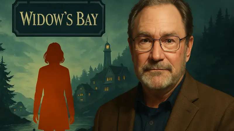 Актёр Стивен Рут и кадр из сериала Widow's Bay, анонсирующий скорую дату выхода 2 сезона.