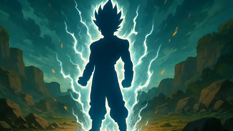 Изображение Веджито из Dragon Ball с энергией, символизирующей его мощь и силу в мультивселенной.