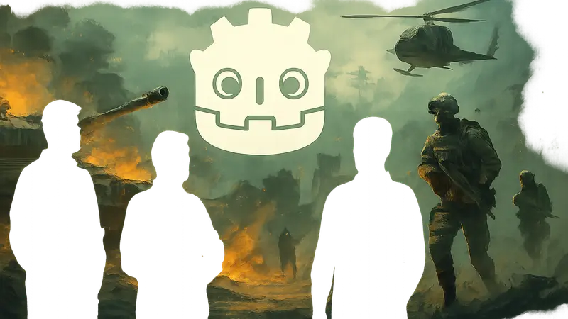 Логотип Godot Engine и силуэты разработчиков Battlefield на фоне элементов игры.