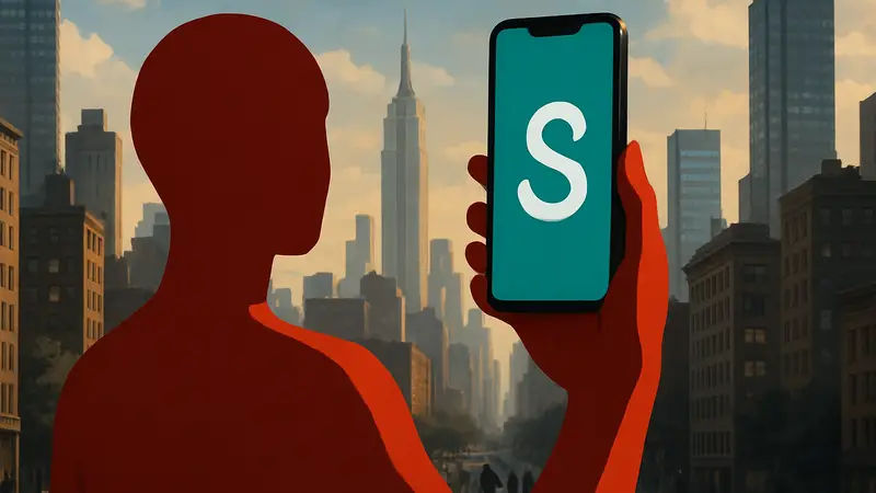 Логотип Divine на смартфоне, символизирующий возрождение Vine и коротких видео, на фоне городского пейзажа.