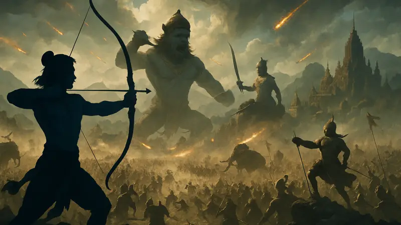 Сцена из фильма "Рамаяна" с эпическими баталиями и впечатляющими визуальными эффектами в стиле фэнтези.