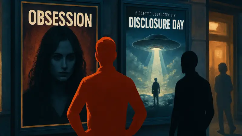 Постер фильма "Obsession" рядом с постером "Disclosure Day" Стивена Спилберга, символизирующий кассовую борьбу.
