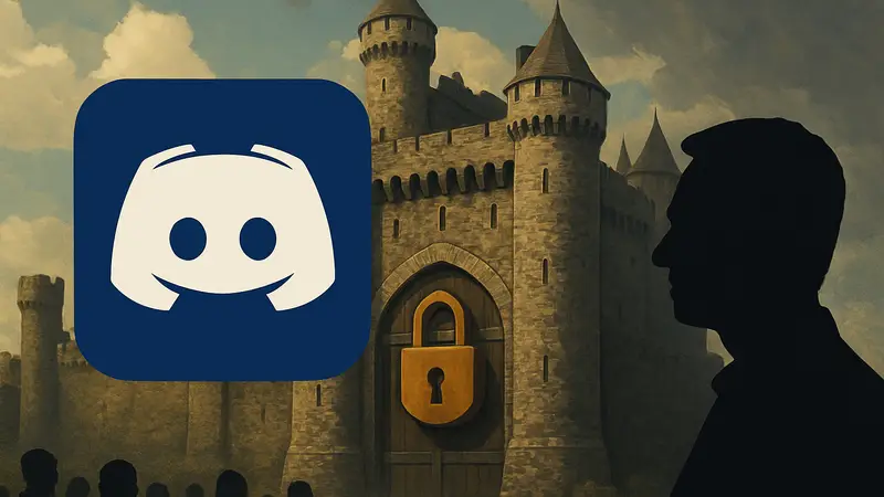 Логотип Discord на фоне замка, символизирующего контроль и возрастную верификацию, с намёком на Питера Тиля.