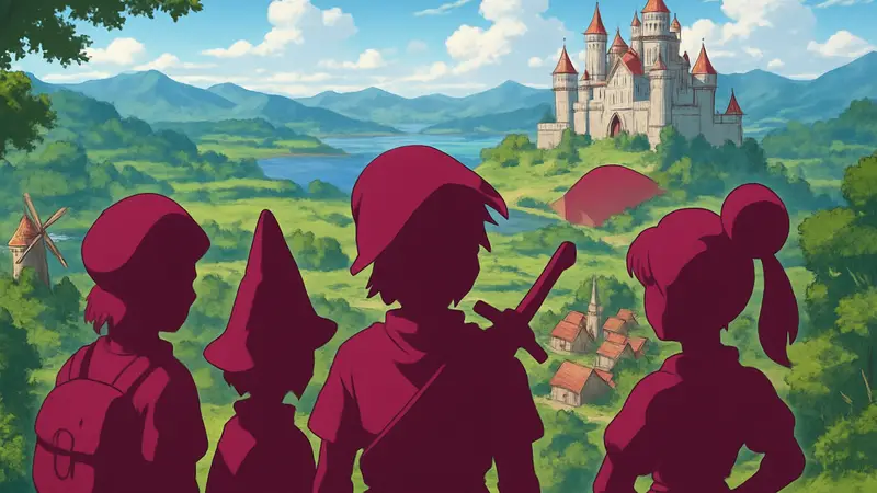 Главные герои Dragon Quest VII Reimagined на фоне игрового мира, выполненного в аниме-стилистике.