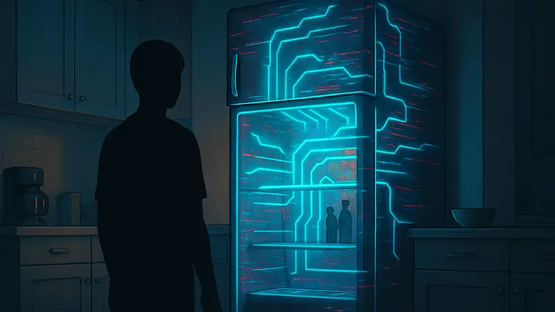 Изображение холодильника с эффектом глюка или неоновыми линиями, символизирующими ИИ.
