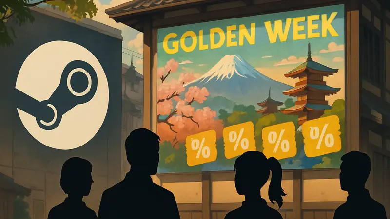 Логотип Steam и баннер распродажи Golden Week с японскими играми со скидками.