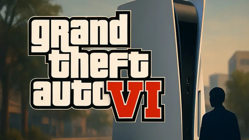 Логотип Grand Theft Auto 6 на фоне консоли PlayStation 5, символизирующий оптимизацию.