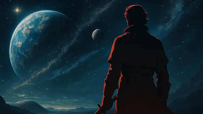 Логотип игры Clair Obscur: Expedition 33 или изображение персонажа Гюстава на фоне космического пейзажа.