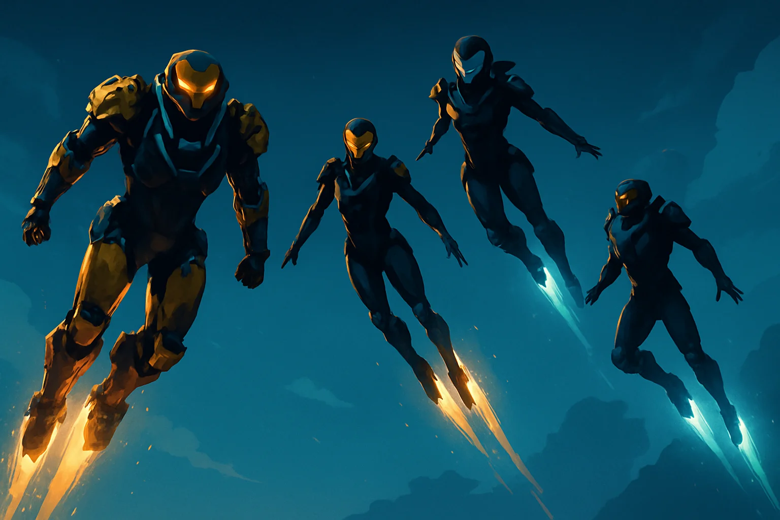 Персонажи-джавелины из игры Anthem, парящие в воздухе, на фоне надписи «Private Server Online».