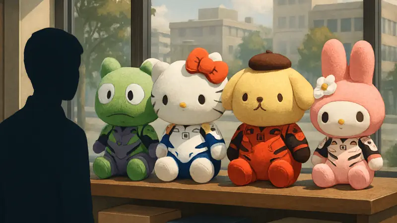 Плюшевые игрушки Evangelion и Sanrio в плагсьютах.
