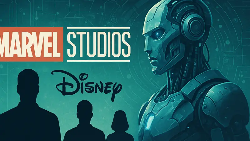 Логотип Marvel Studios и Disney на фоне схематичного изображения искусственного интеллекта или робота.