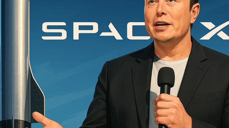 Илон Маск выступает на фоне логотипа SpaceX и космического корабля Starship.