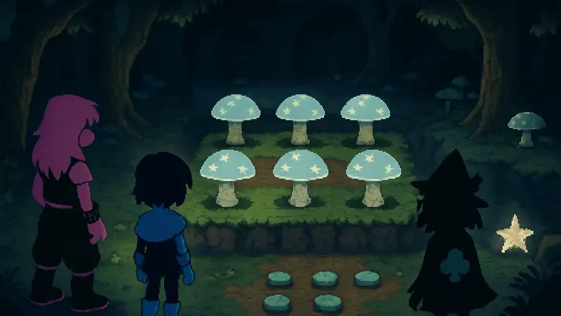 Скриншот Deltarune Chapter 5, показывающий локацию с грибной головоломкой и персонажей.