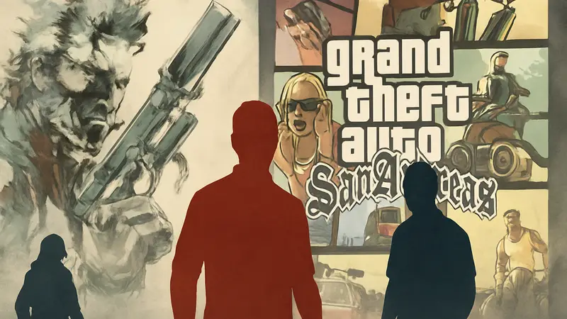 Коллаж из обложек культовых игр PlayStation 2, таких как Metal Gear Solid 2 и GTA San Andreas, с легкой дымкой, символизирующей их 'почти идеальность'.