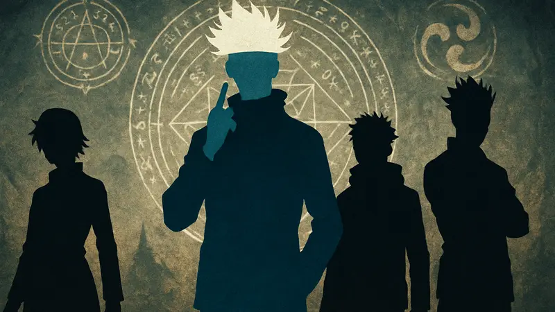 Персонажи аниме Jujutsu Kaisen, включая Сатору Годжо, на фоне мистических символов