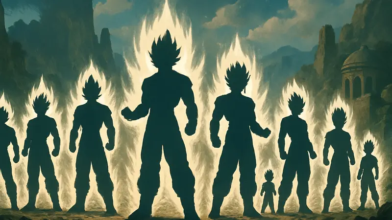 Сайяны из Dragon Ball в режиме Супер Сайяна, демонстрирующие свою мощь и ауру.