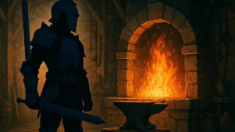 Изображение персонажа в броне The Forge, стоящего у ковального горна