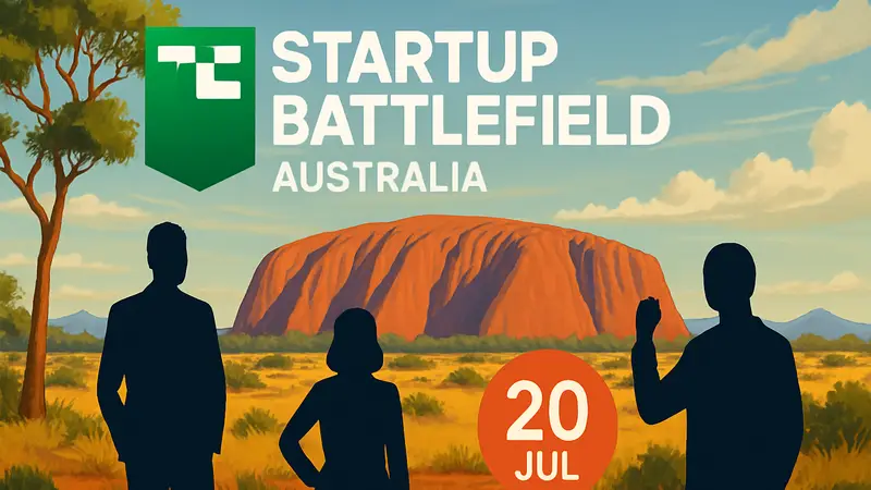 Логотип Startup Battlefield Australia на фоне австралийского пейзажа, дата 20 июля