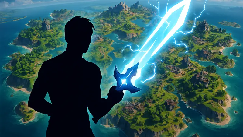 Игрок Fortnite держит сияющий Перекованный Клинок Бесконечности, окружённый энергией, на фоне карты острова.
