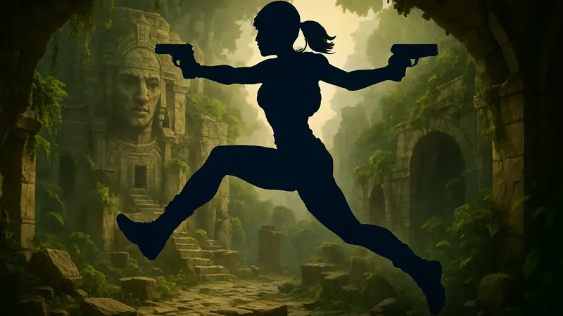 Лара Крофт из Tomb Raider: Legacy of Atlantis в классическом образе с двойными пистолетами и акробатикой.