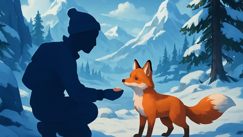 Приручение лисы в игре Disney Dreamlight Valley. Игрок кормит рыжую лису в заснеженных горах.