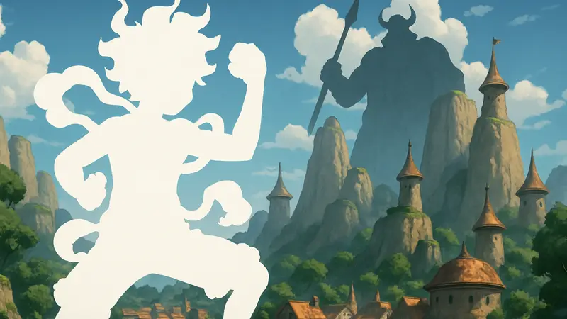 Луффи в форме Ника, символизирующий мощь его Дьявольского фрукта в One Piece на фоне Эльбафа