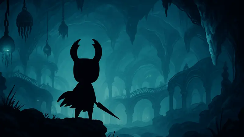 Главный герой Hollow Knight, Рыцарь, в атмосферном подземном мире