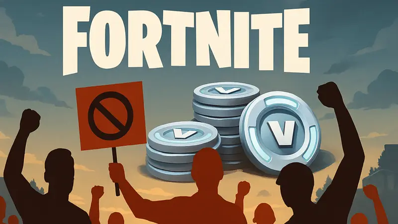 Логотип Fortnite, V-баксы и символика протеста игроков