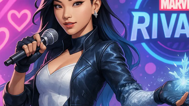 Изображение персонажа Luna Snow из Marvel Rivals, возможно, на фоне музыкальной темы K-Pop.