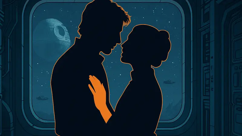 Изображение Хана Соло и принцессы Леи из Star Wars, символизирующее романтический канон и его расширение.
