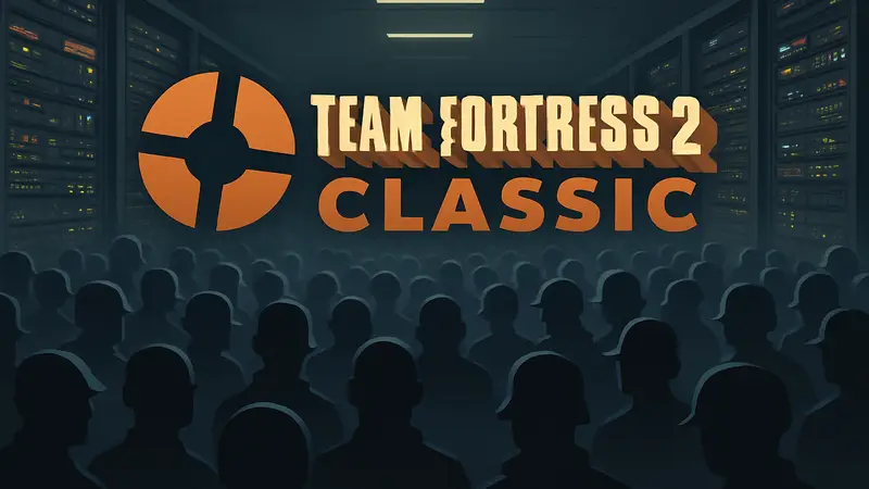 Логотип Team Fortress 2 Classic, на фоне переполненных игровых серверов в Steam